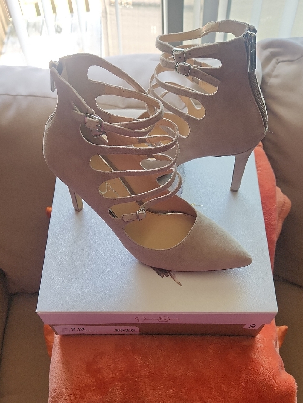 Jessica Simpson Taupe Strappy Pointed-Toe Stiletto Heels
